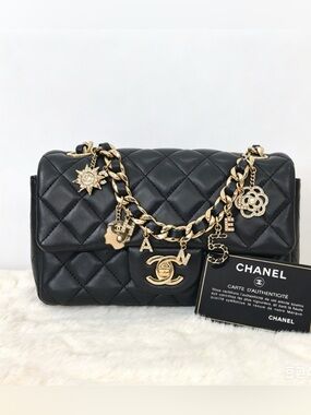 CHANEL Coco Charms Black Quilted Lambskin Shoulder Bag with Gold Charm Chain